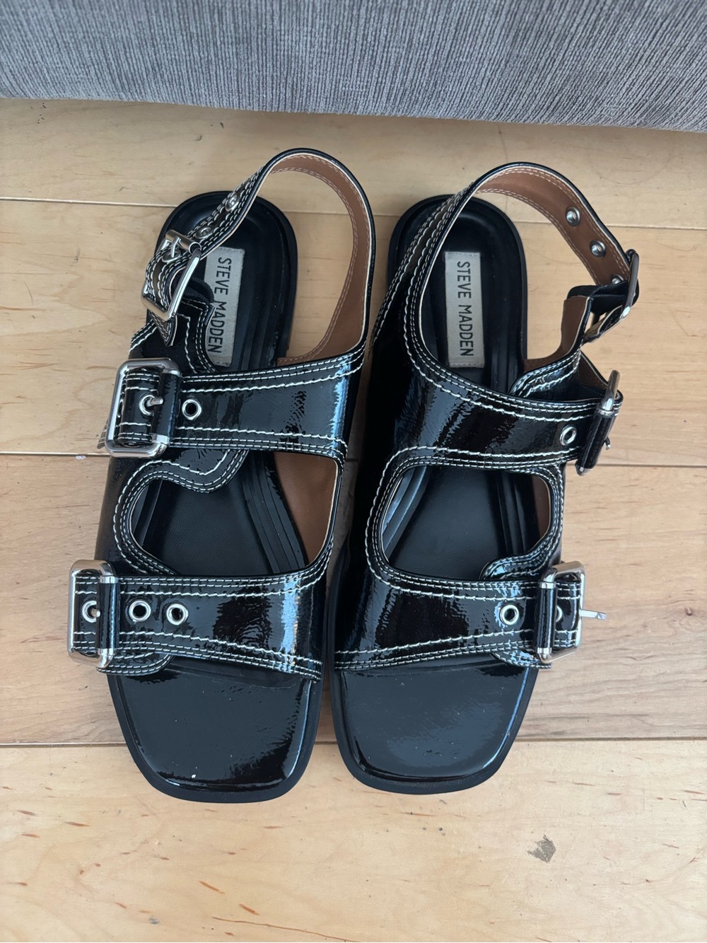 Steve Madden Black Patent Buckle Strap Sandals